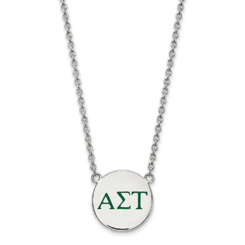 Sterling Silver Alpha Sigma Tau Large Green Enamel Greek Necklace