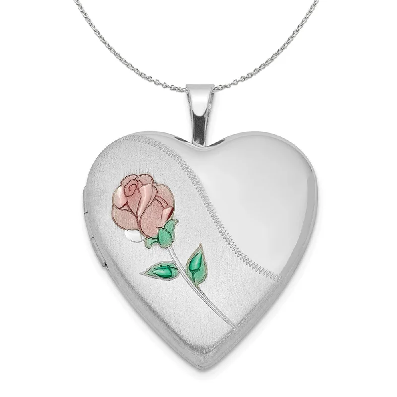 Antique twist necklace-Sterling Silver and Enameled Rose Heart Locket, 20mm Necklace