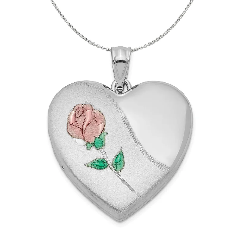 Oak sprig necklace-Sterling Silver and Enameled Rose Heart Locket, 24mm Necklace