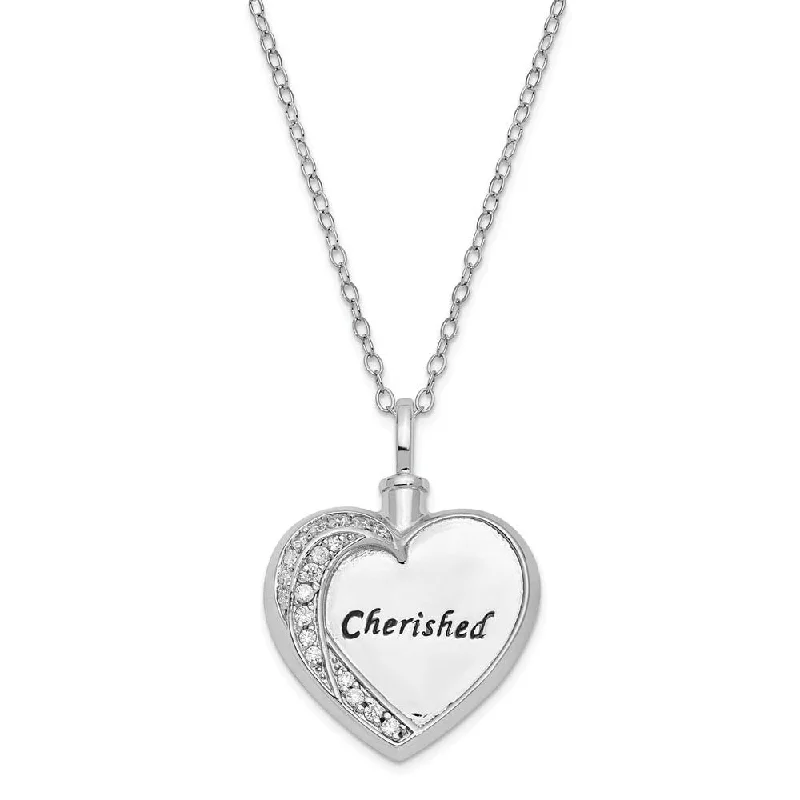 Creek pebble necklace-Sterling Silver & CZ Cherished Heart Ash Holder Necklace, 18 Inch