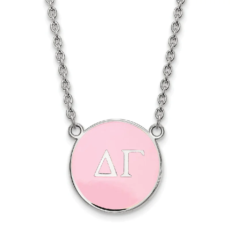 Sterling Silver Delta Gamma Large Pink Enamel Disc Necklace