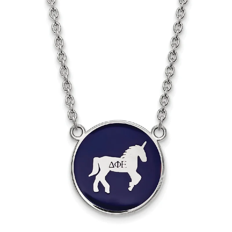 Onyx tip necklace-Sterling Silver Delta Phi Epsilon Lg Blue Enamel Unicorn Disc Necklace