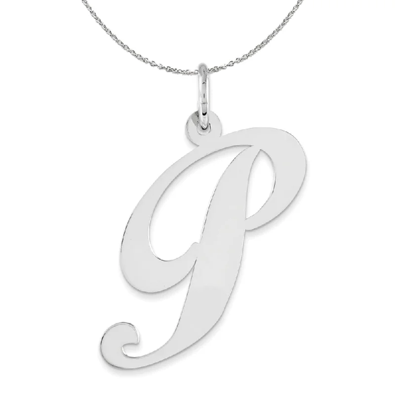 Sterling Silver, Ella Collection, LG Fancy Script Initial P Necklace