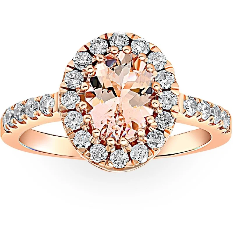 Copper forged ring-1 1/2 CT Oval Morganite & Diamond Halo Ring 14K Rose Gold