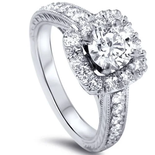 Morning haze ring-1 1/2ct Cushion Diamond Vintage Halo Engagement Ring 14K White Gold