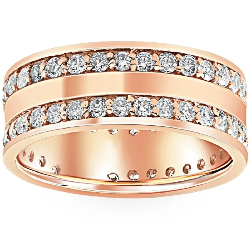 Etched wedding ring-1 1/2ct Double Row Diamond Eternity Wedding Ring 14K Rose Gold Double Row Band