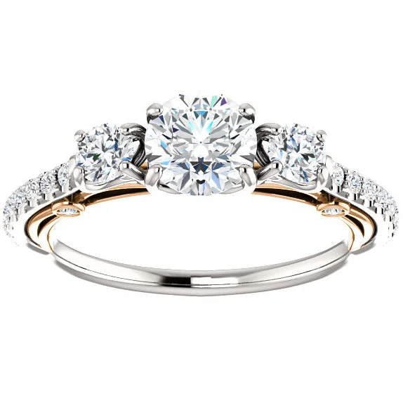 Daisy bloom ring-1 1/2ct Three Stone Diamond Engagement Ring Filigree Rose & White Gold 14k