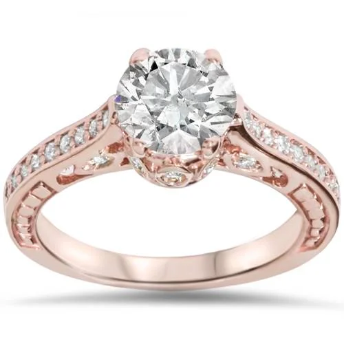 Birch wood ring-1 1/4ct Vintage Rose Gold Diamond (1ct center) Enhanced Deco Engagement Ring 14K