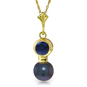 Onyx tip necklace-1.23 Carat 14K Solid Yellow Gold Necklace Sapphire Black Pearl