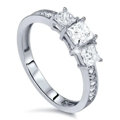 Check band ring-1 3/4ct Three Stone Princess Cut Diamond Engagement Ring 14K White Gold