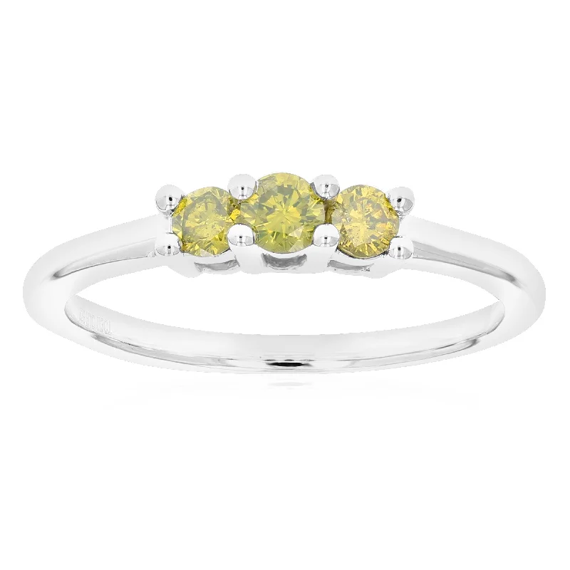 Ash bead ring-1/3 cttw 3 Stone Round Yellow Diamond Engagement Ring .925 Sterling Silver Prong Set