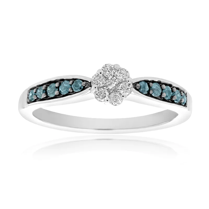 Birch wood ring-1/3 cttw Blue Diamond Solitaire Ring 10K White Gold