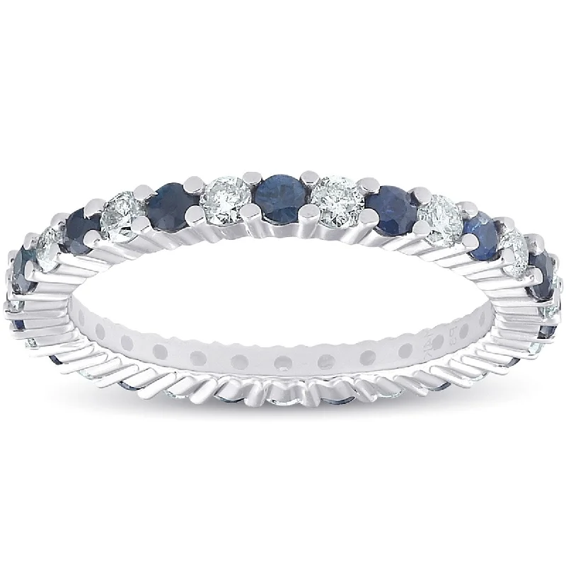 Smooth edge ring-1 cttw Blue Sapphire Diamond Wedding Eternity Ring 10k White Gold