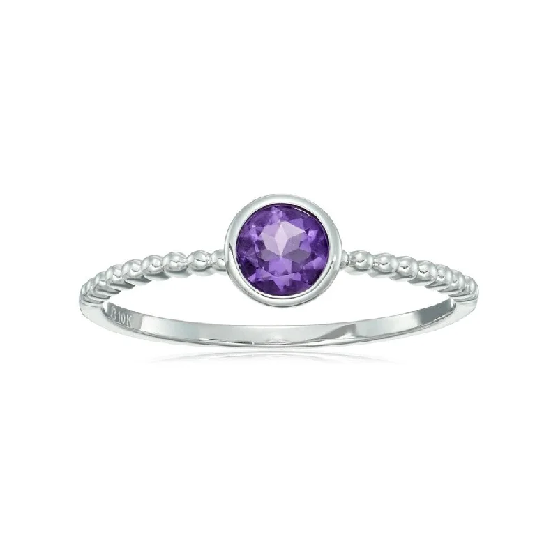 Shimmer spark ring-10k White Gold African Amethyst Solitaire Beaded Stackable Ring