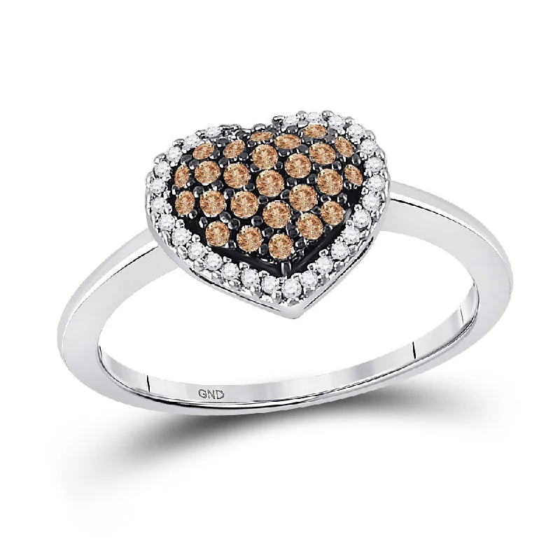 Grid mesh ring-10k White Gold Brown Round Diamond Cluster Womens Heart Ring 1/3 Cttw