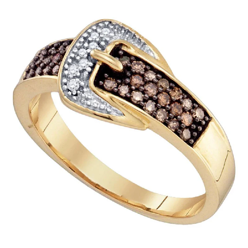 Stamped pattern ring-10k Yellow Gold Brown Diamond Belt Buckle Band Ring 1/4 Cttw