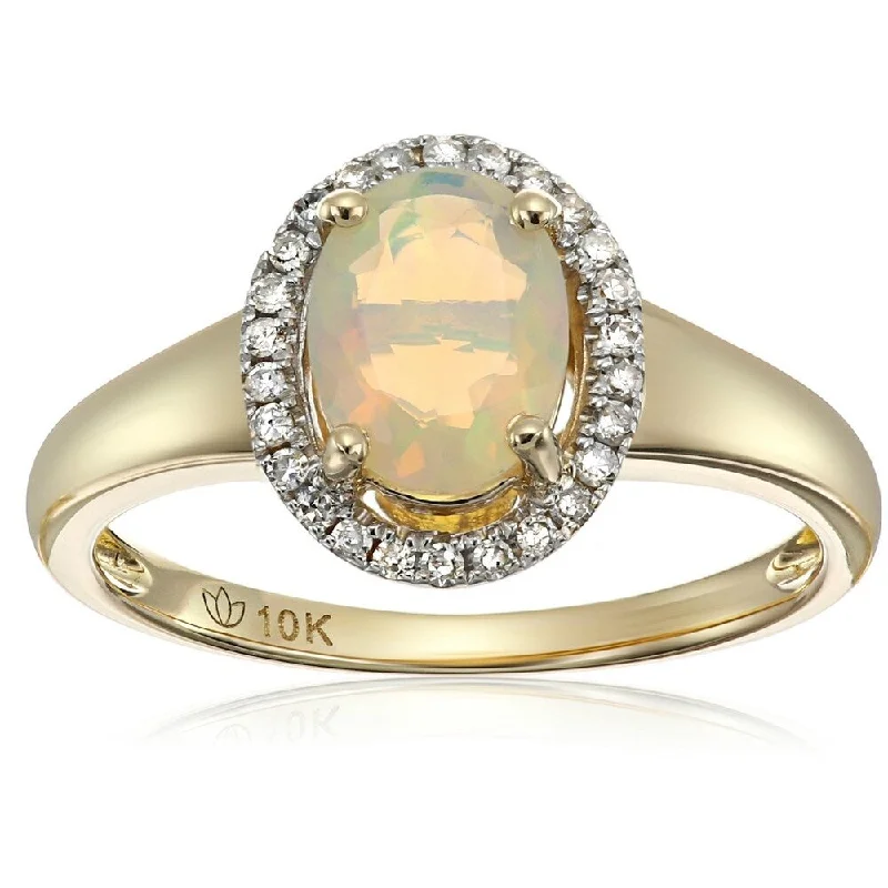 Rose flower ring-10k Yellow Gold Ethiopian Opal & Diamond Princess Dianal Ring, Size 7 - White