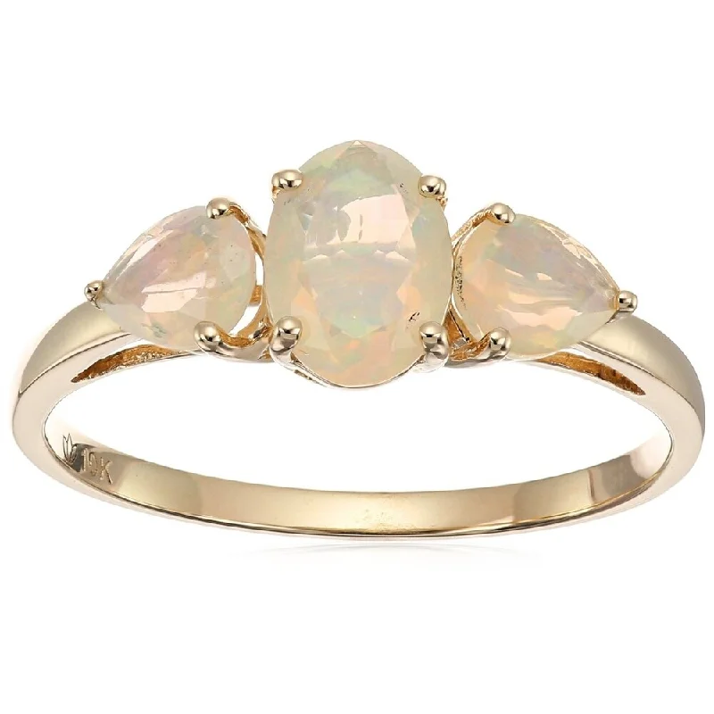 Fin tip ring-10k Yellow Gold Ethiopian Opal Oval and Pear 3-Stone Ring, Size 7 - White