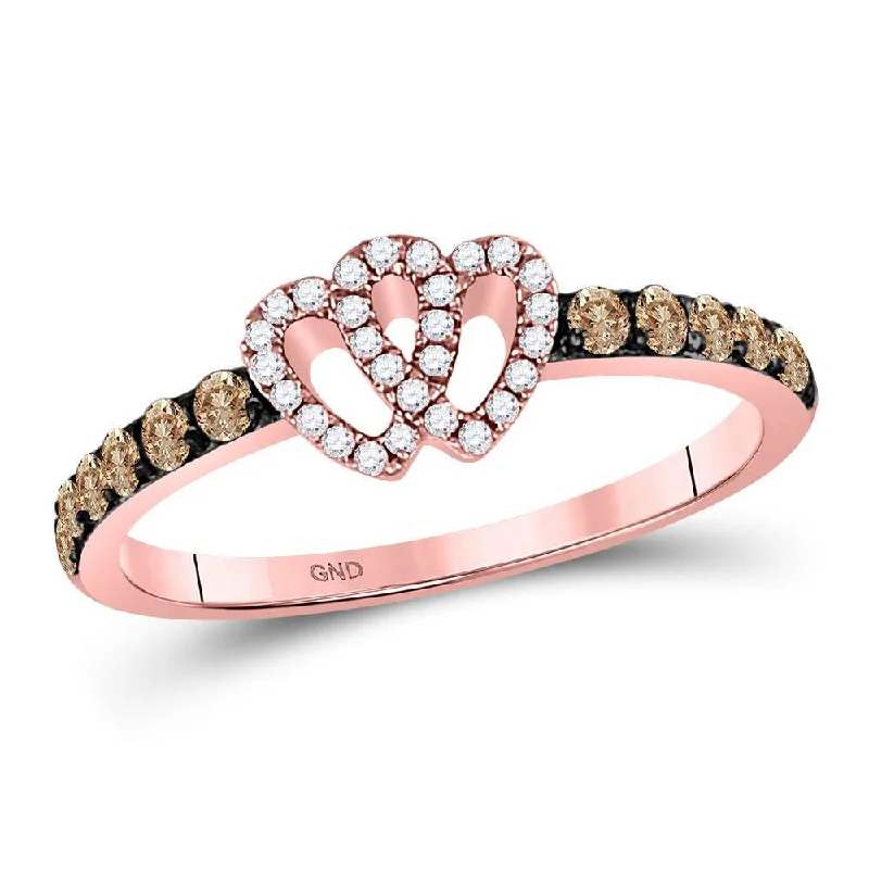 Twisted metal ring-10kt Rose Gold Womens Round Brown Diamond Heart Ring 1/3 Cttw