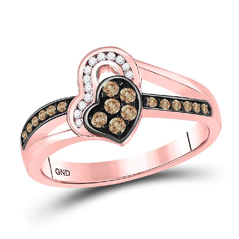 Glossy gem ring-10kt Rose Gold Womens Round Brown Diamond Heart Ring 1/3 Cttw