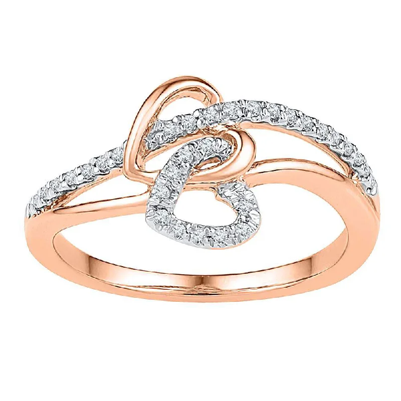 Fog bead ring-10kt Rose Gold Womens Round Diamond Double Joined Heart Ring 1/5 Cttw