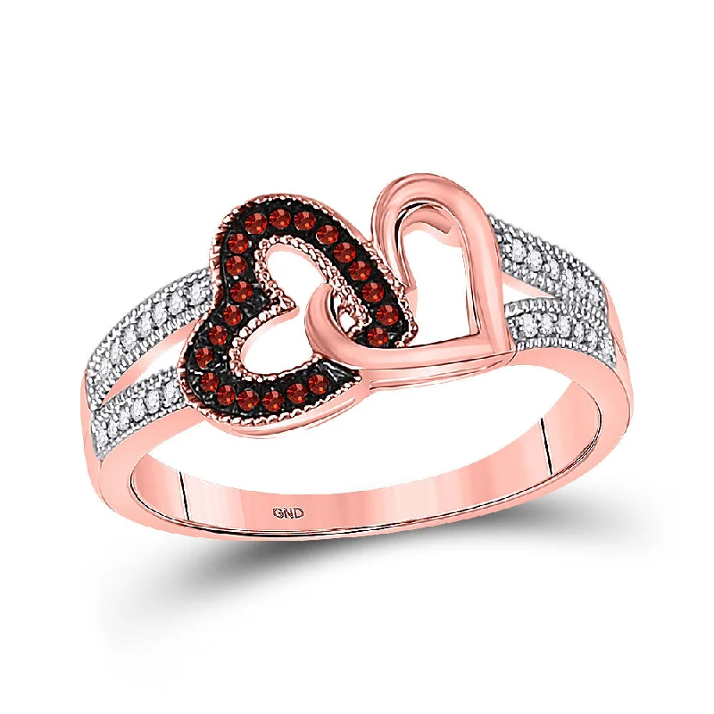 Tulip bud ring-10kt Rose Gold Womens Round Red Color Enhanced Diamond Double Heart Ring 1/6 Cttw