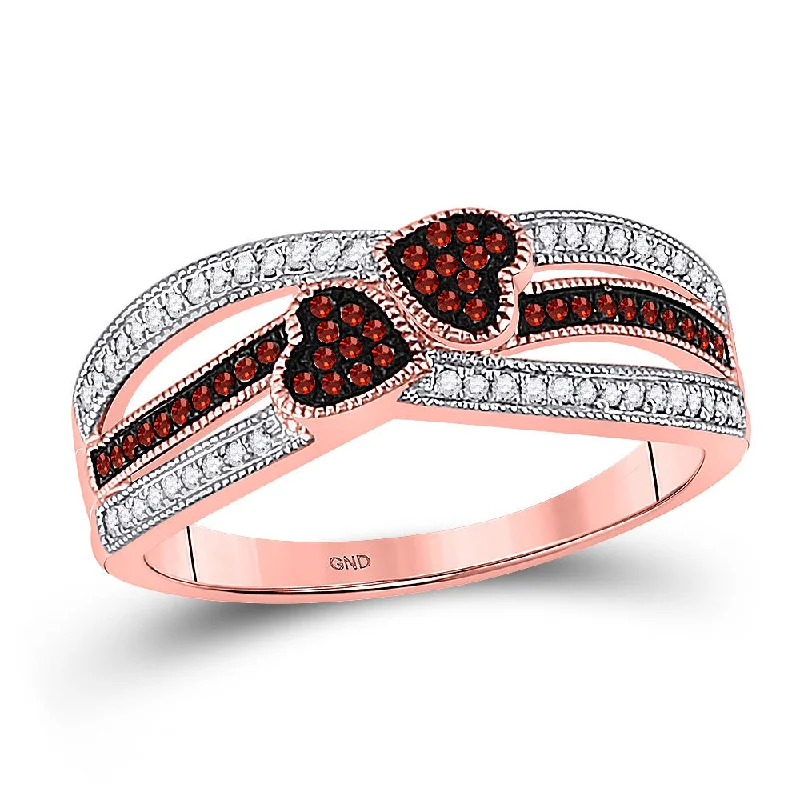 Shell splinter ring-10kt Rose Gold Womens Round Red Color Enhanced Diamond Double Heart Striped Ring 1/5 Cttw