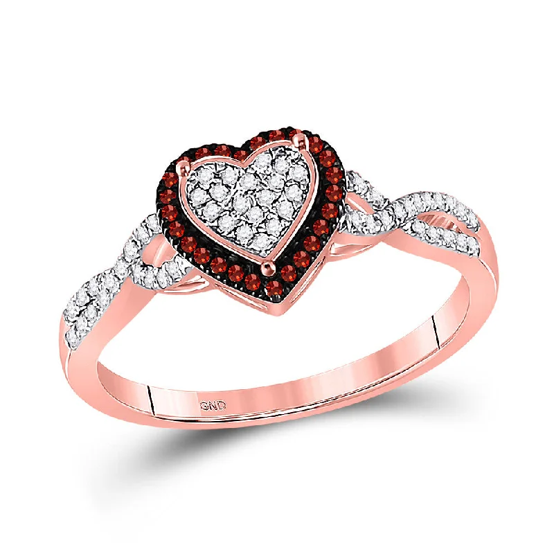 Morning haze ring-10kt Rose Gold Womens Round Red Color Enhanced Diamond Heart Cluster Twist Ring 1/5 Cttw