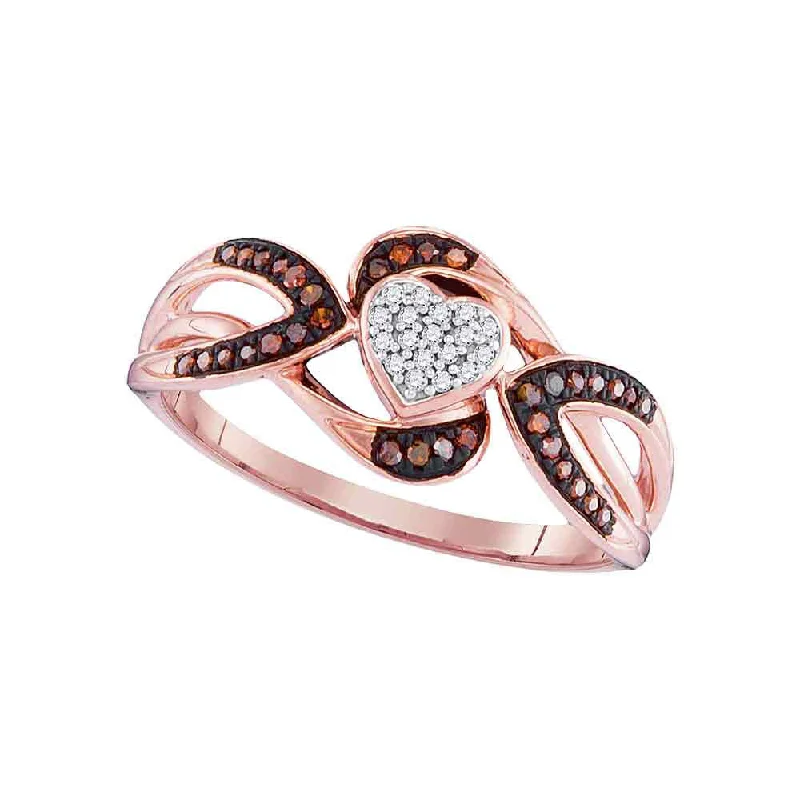 Vermilion topaz ring-10kt Rose Gold Womens Round Red Color Enhanced Diamond Heart Ring 1/6 Cttw