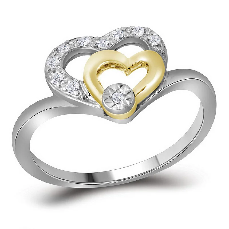 Edwardian bend ring-10kt Two-tone White Gold Womens Round Diamond Double Heart Ring 1/12 Cttw