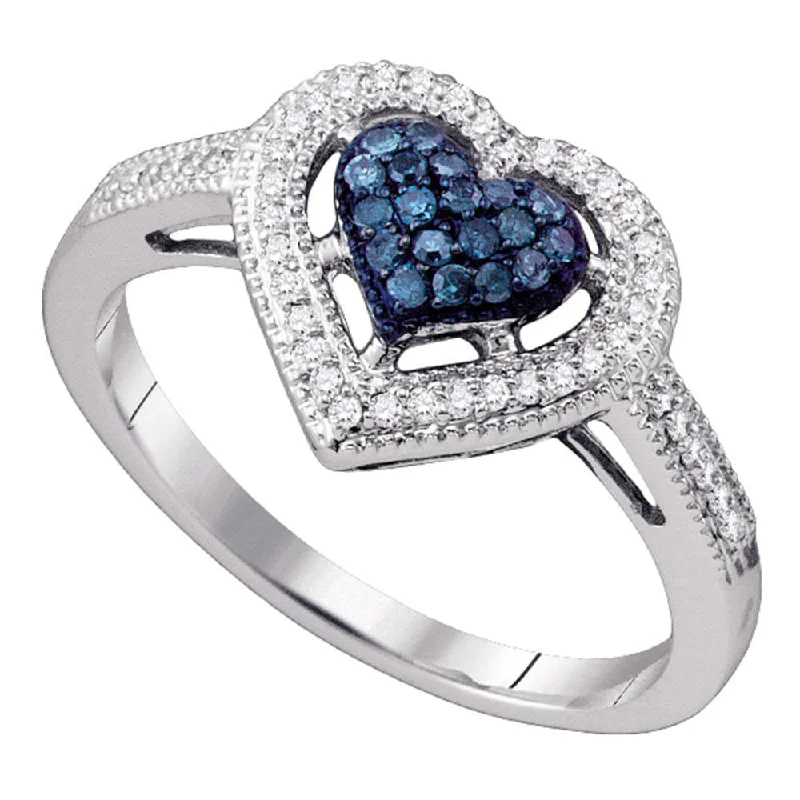 Tin toned ring-10kt White Gold Womens Round Blue Color Enhanced Diamond Framed Heart Ring 1/4 Cttw