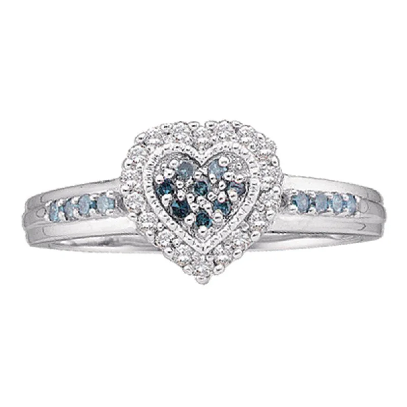 Sage twig ring-10kt White Gold Womens Round Blue Color Enhanced Diamond Heart Cluster Ring 1/4 Cttw