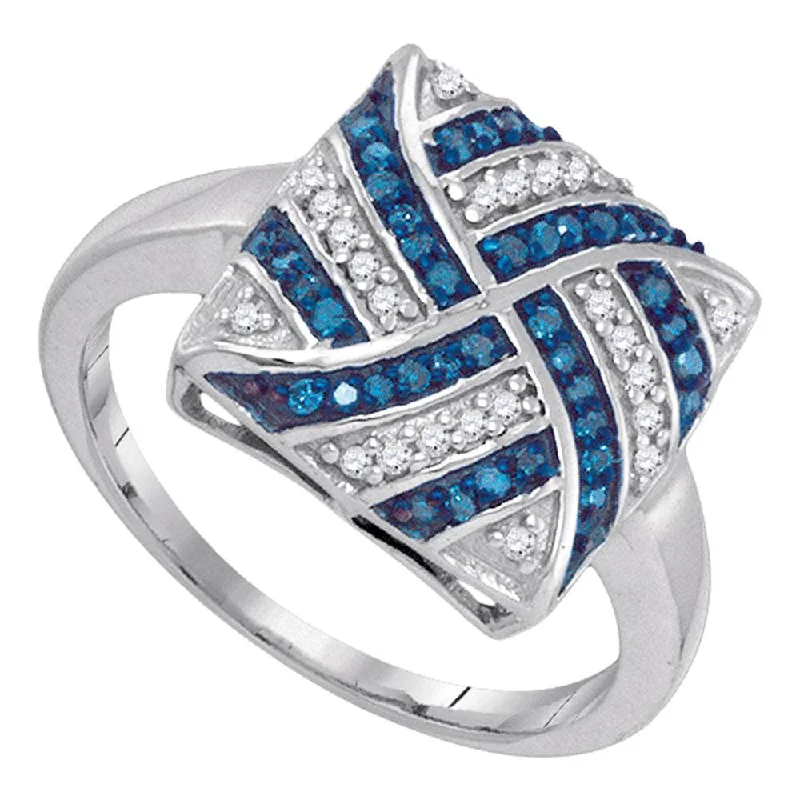 Flex clasp ring-10kt White Gold Womens Round Blue Color Enhanced Diamond Square Stripe Cluster Ring 1/4 Cttw