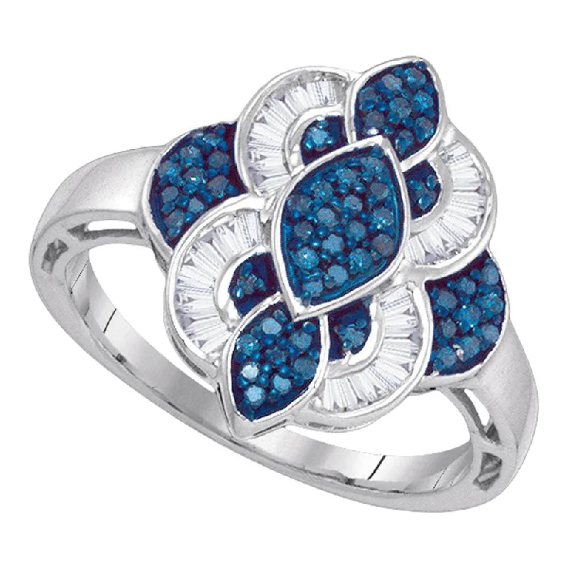 Tilted stone ring-10kt White Gold Womens Round Blue Color Enhanced Diamond Wide Fashion Ring 1/2 Cttw