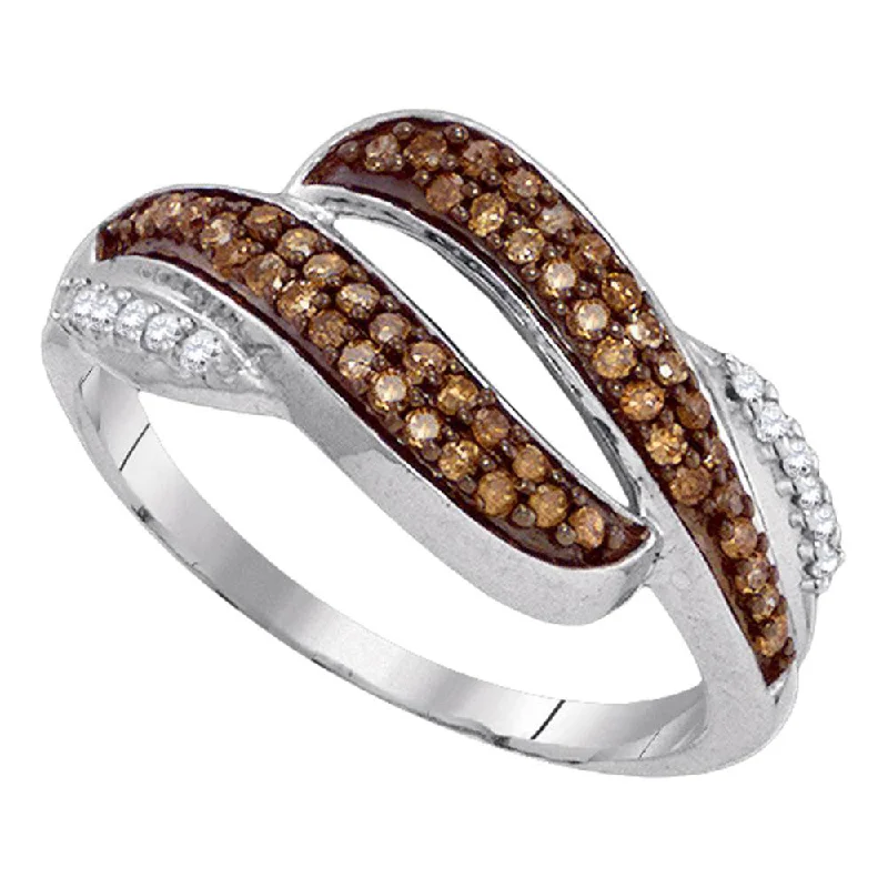 Forged alloy ring-10kt White Gold Womens Round Brown Diamond Band Ring 1/3 Cttw