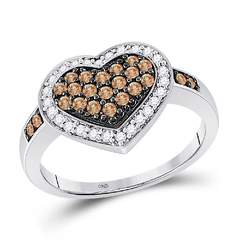 Tinted gem ring-10kt White Gold Womens Round Brown Diamond Framed Heart Cluster Ring 1/2 Cttw