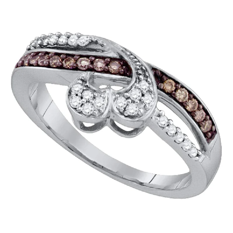 Pivot gem ring-10kt White Gold Womens Round Brown Diamond Heart Band Ring 1/4 Cttw