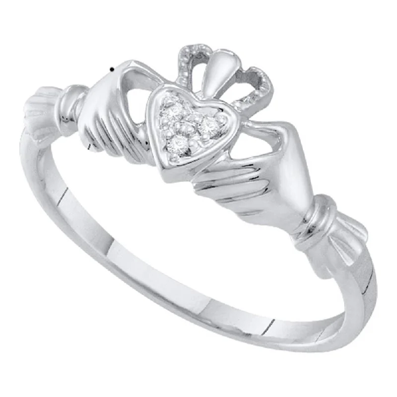 Kite opal ring-10kt White Gold Womens Round Diamond Claddagh Heart Ring .02 Cttw