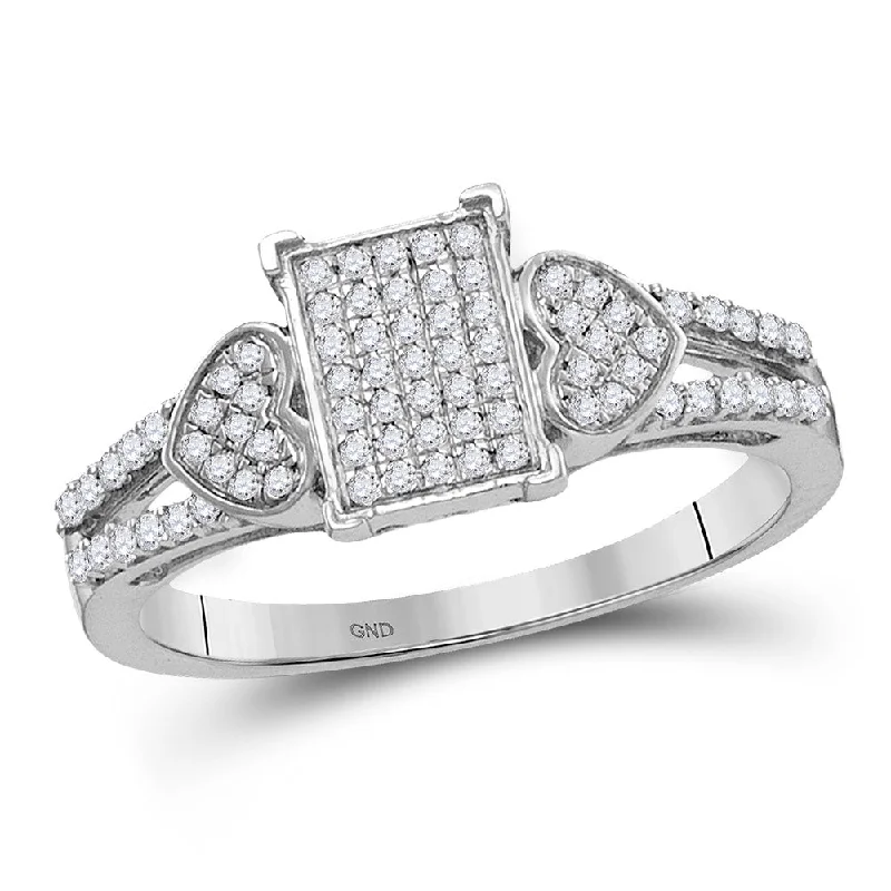 Linen weave ring-10kt White Gold Womens Round Diamond Double Heart Square Cluster Ring 1/4 Cttw