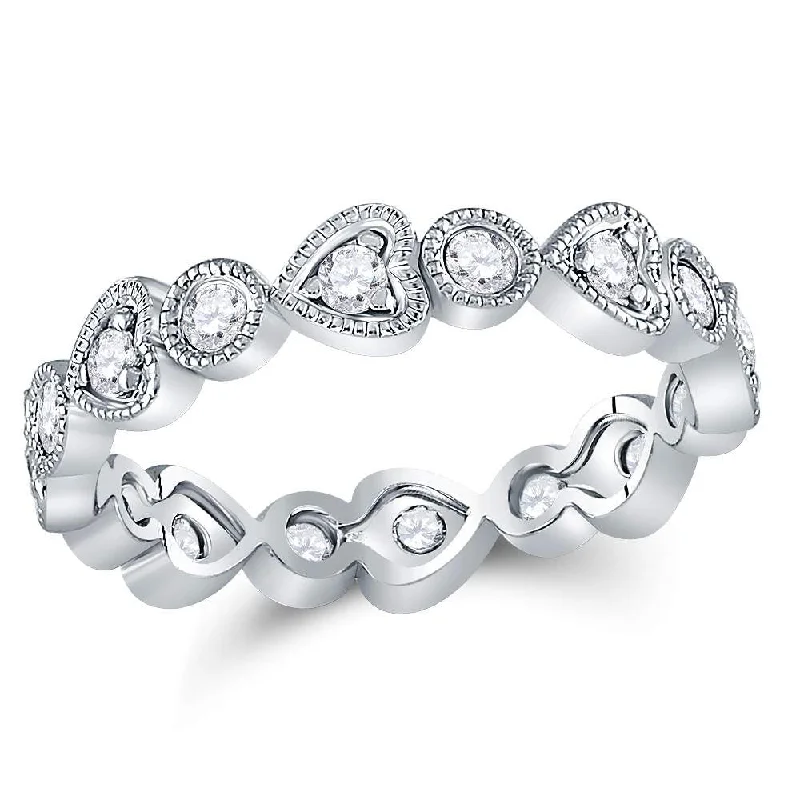 Woven twist ring-10kt White Gold Womens Round Diamond Heart Eternity Band Ring 3/8 Cttw