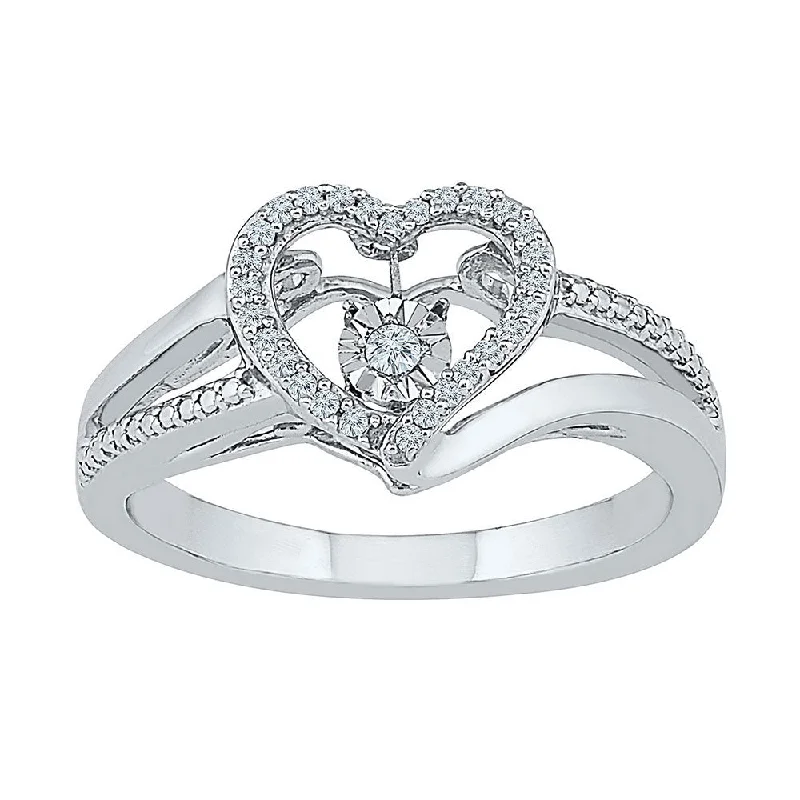 Etched wedding ring-10kt White Gold Womens Round Diamond Heart Moving Twinkle Ring 1/10 Cttw