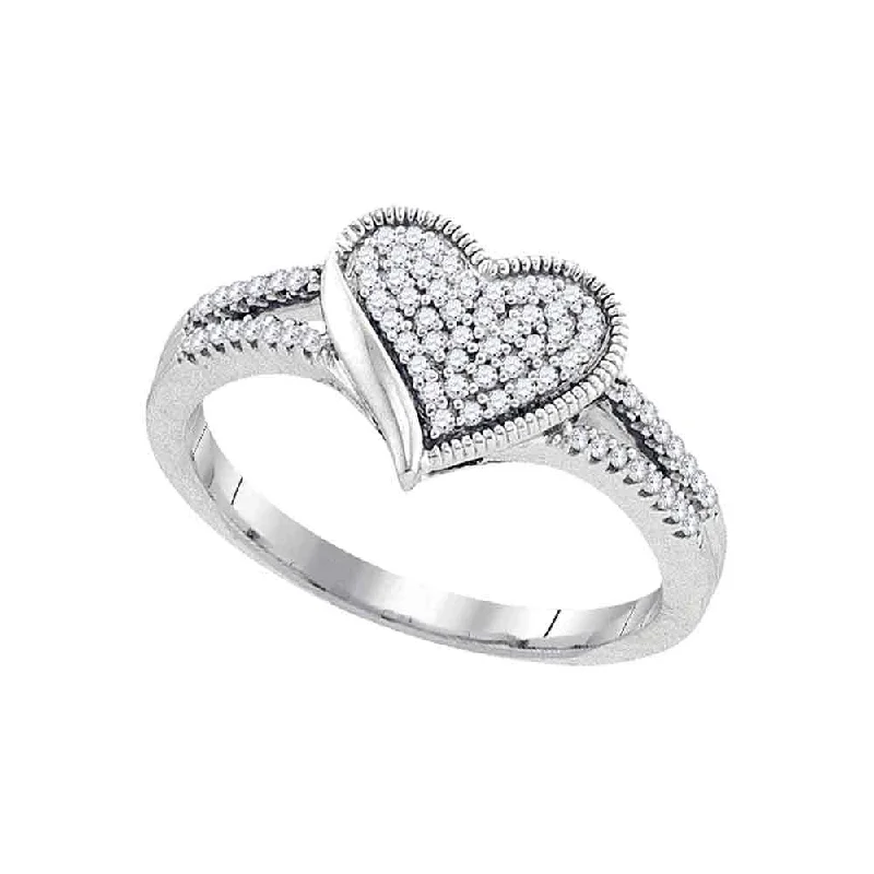 Sunken ridge ring-10kt White Gold Womens Round Diamond Milgrain Heart Cluster Ring 1/5 Cttw