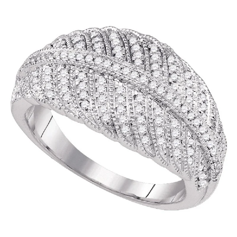 Vermilion topaz ring-10kt White Gold Womens Round Diamond Milgrain Striped Band Ring 3/8 Cttw