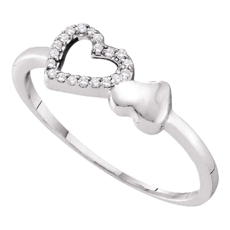 Shimmer spark ring-10kt White Gold Womens Round Diamond Slender Double Heart Ring 1/20 Cttw