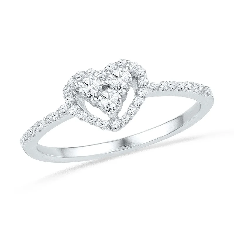 Pegged design ring-10kt White Gold Womens Round Diamond Slender Framed Heart Cluster Ring 1/3 Cttw