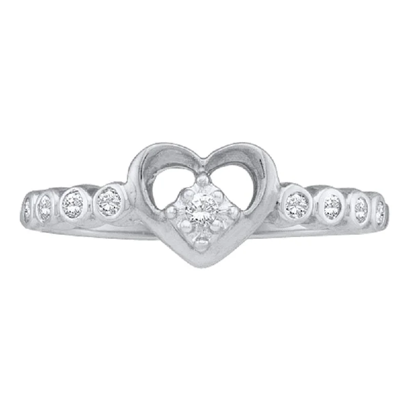 Crimped rim ring-10kt White Gold Womens Round Diamond Slender Heart Ring 1/10 Cttw