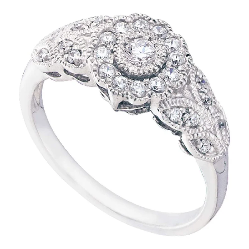 Steel band ring-10kt White Gold Womens Round Diamond Solitaire Floral Cluster Milgrain Ring 1/3 Cttw