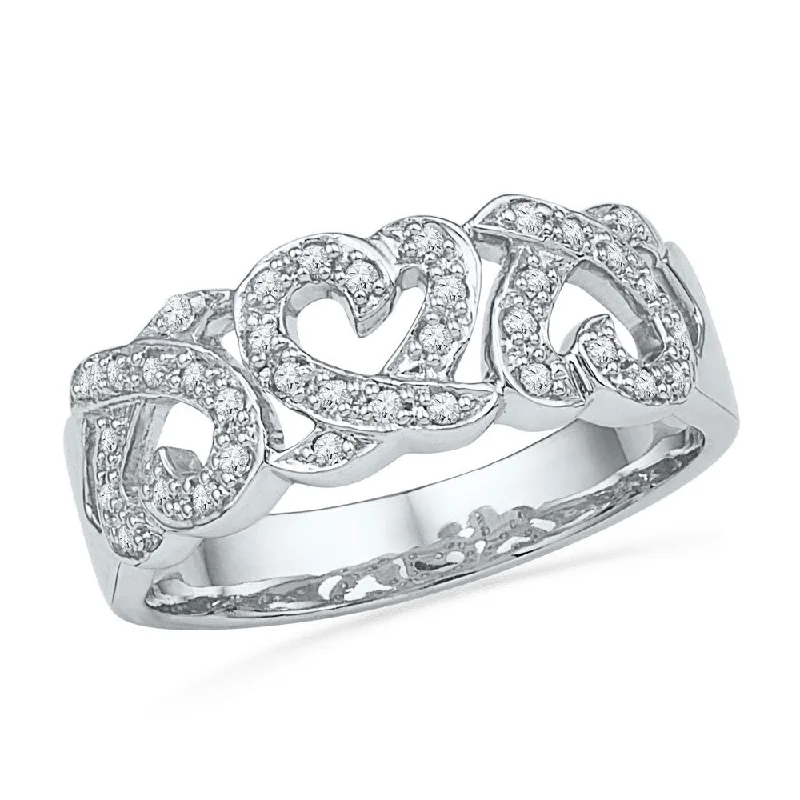 Braided cord ring-10kt White Gold Womens Round Diamond Triple Heart Band Ring 1/5 Cttw