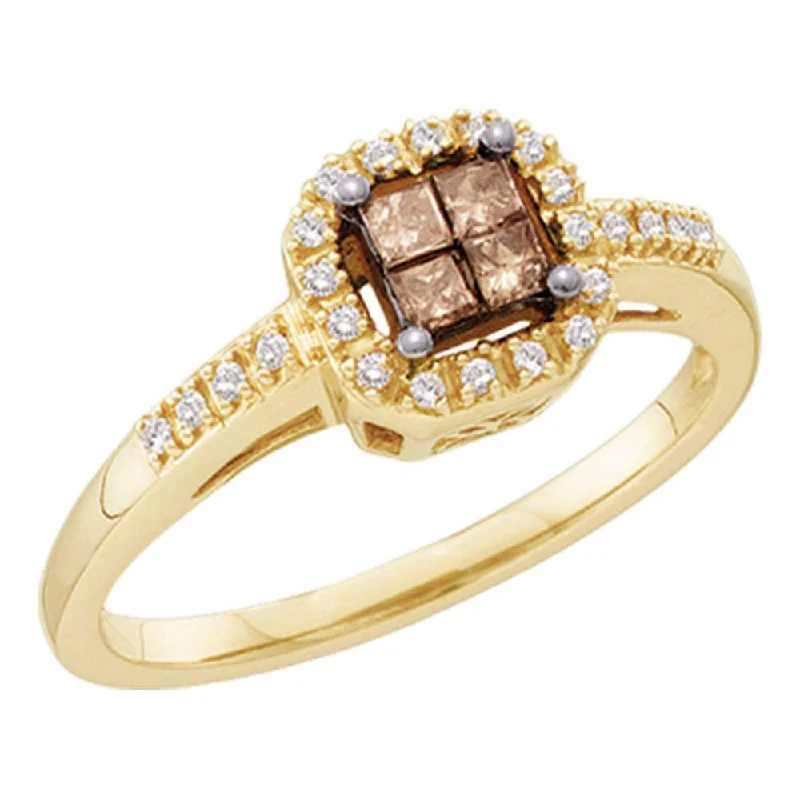 Muted tint ring-10kt Yellow Gold Womens Princess Brown Diamond Square Cluster Ring 1/4 Cttw