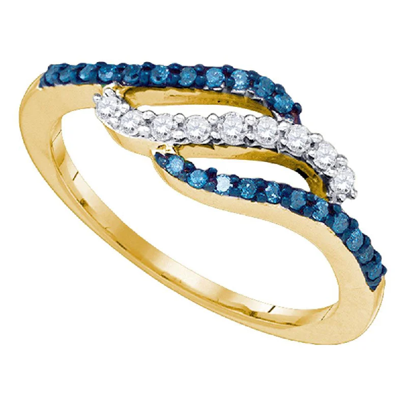 Cedar nut ring-10kt Yellow Gold Womens Round Blue Color Enhanced Diamond Band Ring 1/3 Cttw